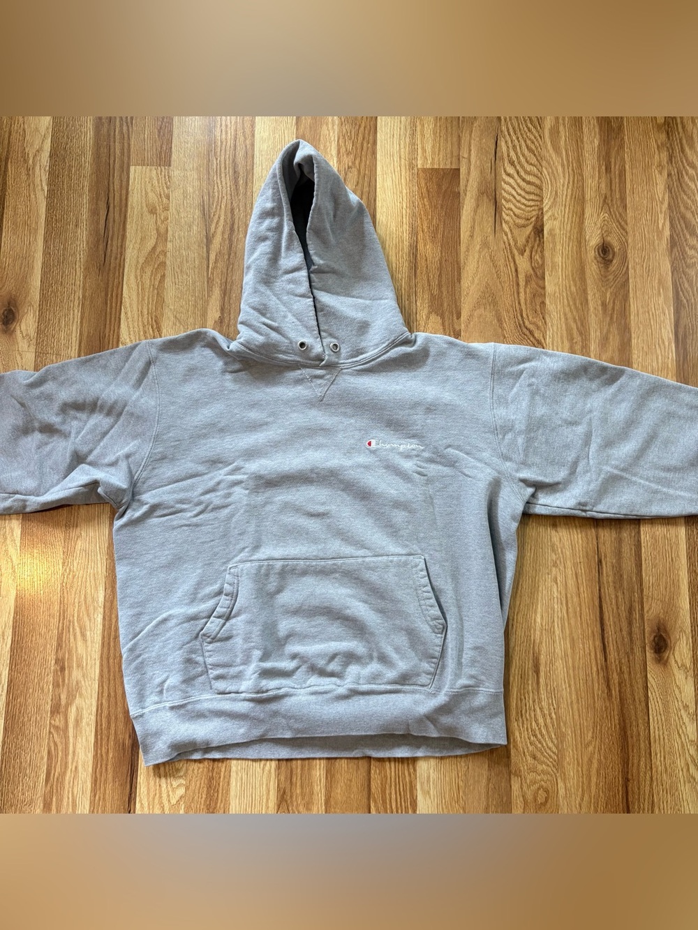 Vintage Champion Hoodie Mens XL Gray Script Logo Fleece Sweatshirt Made USA 90s